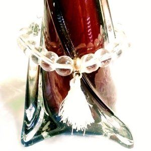 NEW*CLEAR GLASS BEADED ELASTIC TASSELED BRACELET*HAND CRAFTED